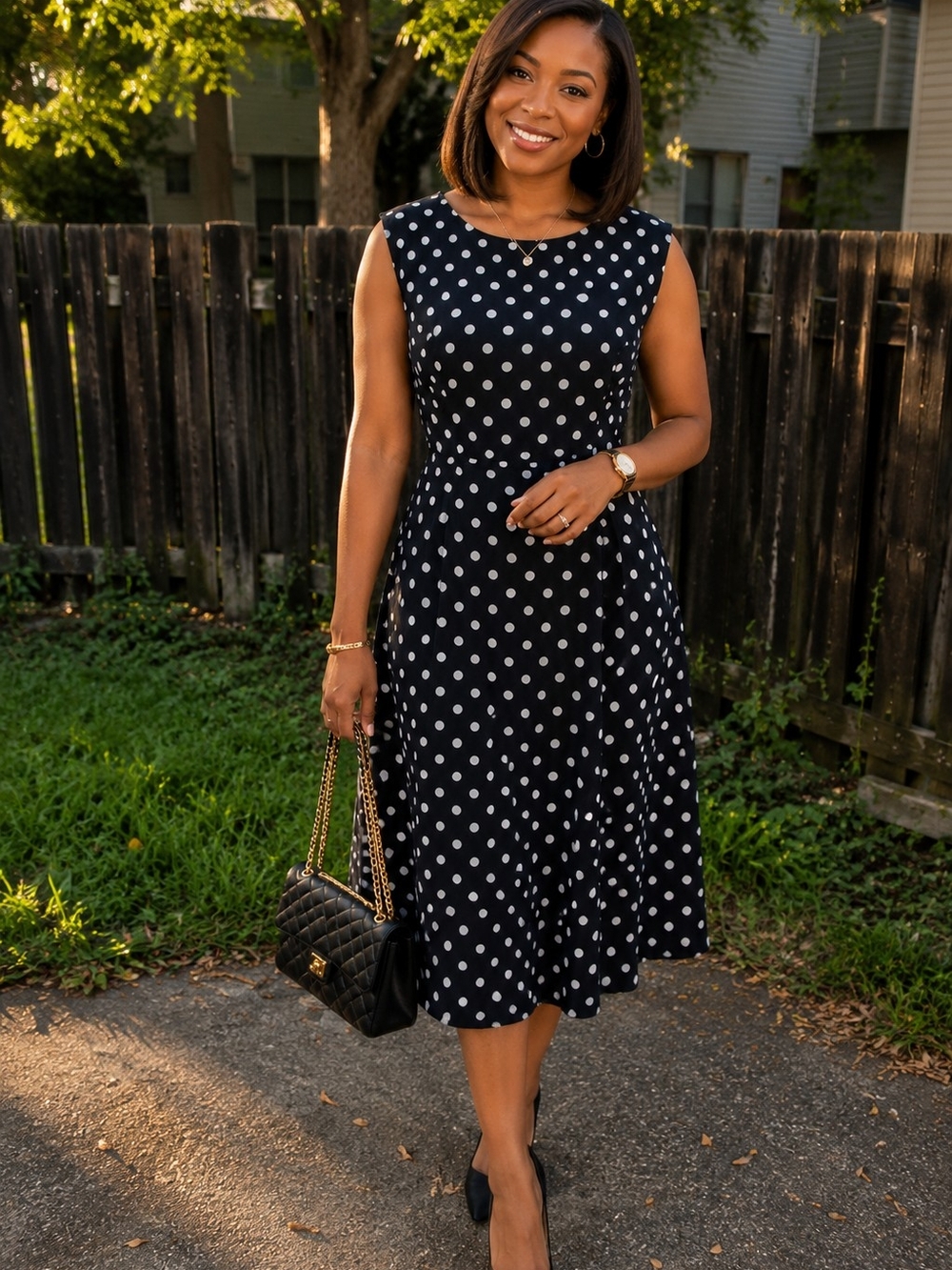 Kasper Black Polka-Dot Midi Dress with White Dots
